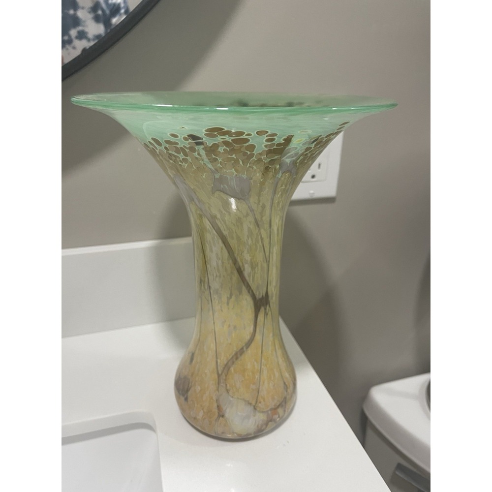 Hand Blown Art Glass Drip Vase 10" Seafoam Green Flared Rim Signed‎